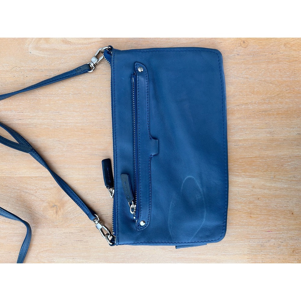 Bimba y Lola Blue Leather Crossbody Bag Silver Hardware Zip Clutch Bright - Picture 2 of 11